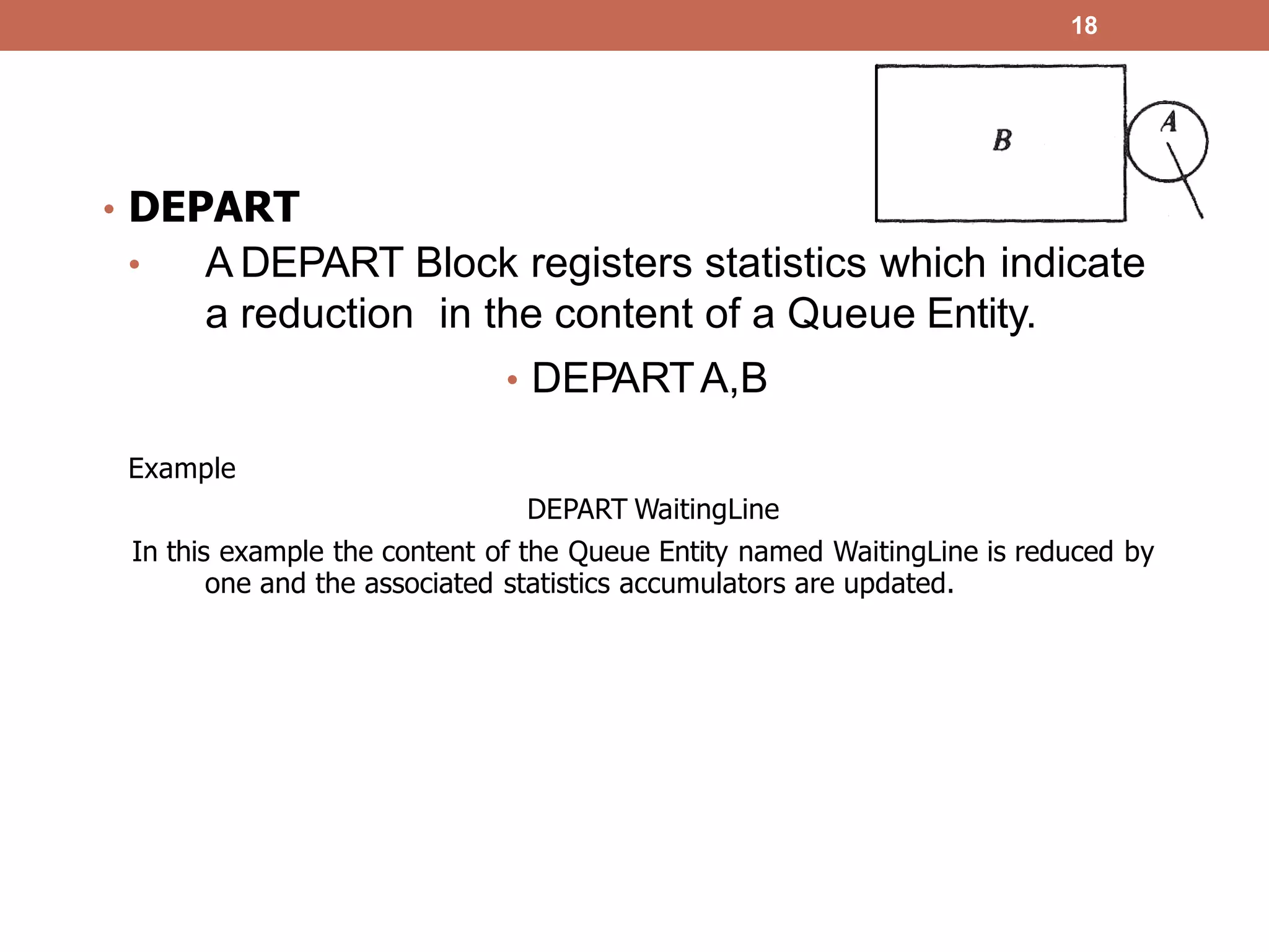 18
• DEPART
• A DEPART Block registers statistics which indicate
a reduction in the content of a Queue Entity.
• DEPARTA,B
Example
DEPART WaitingLine
In this example the content of the Queue Entity named WaitingLine is reduced by
one and the associated statistics accumulators are updated.
 