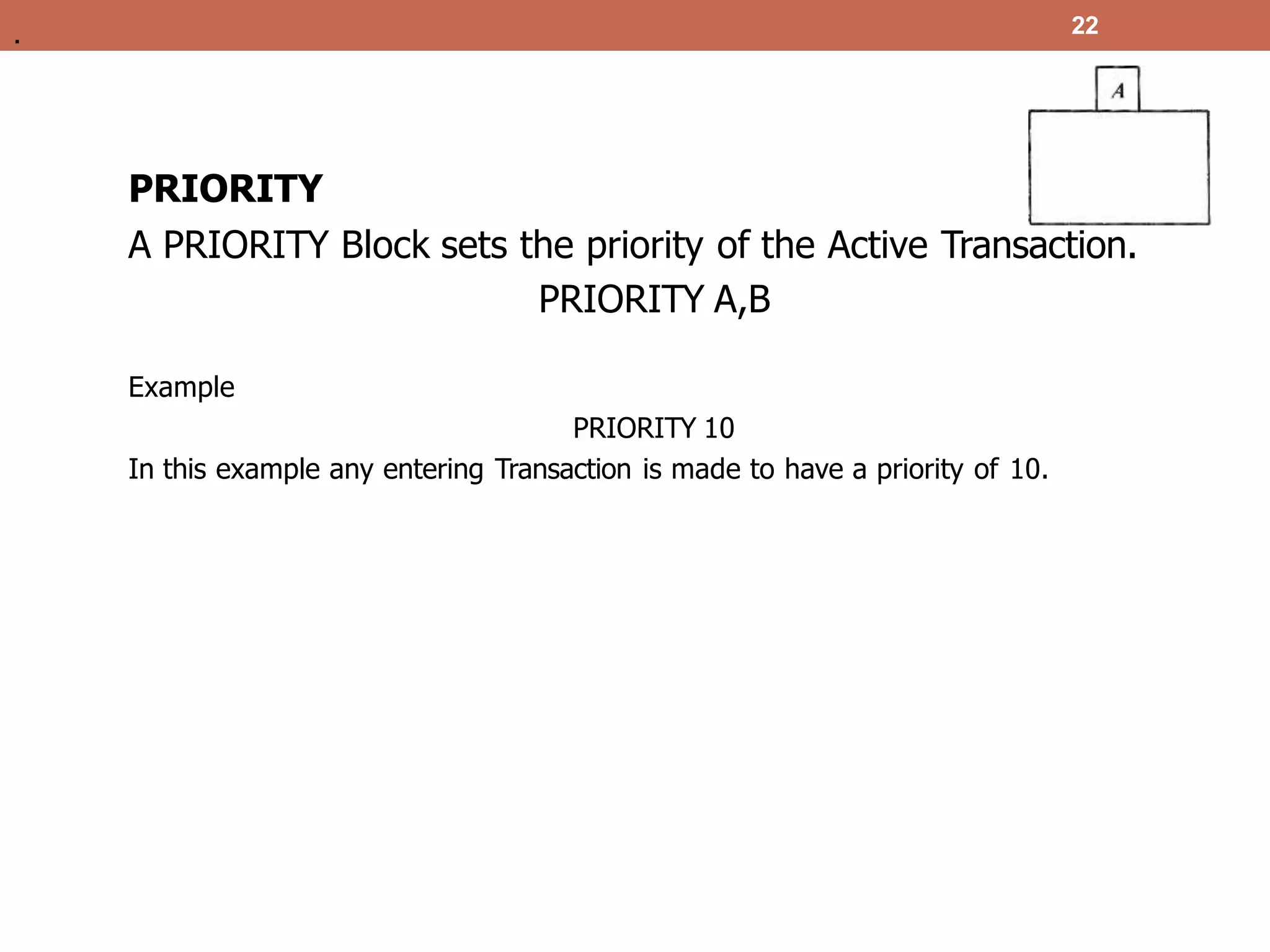PRIORITY
A PRIORITY Block sets the priority of the Active Transaction.
PRIORITY A,B
Example
PRIORITY 10
In this example any entering Transaction is made to have a priority of 10.
22
.
 