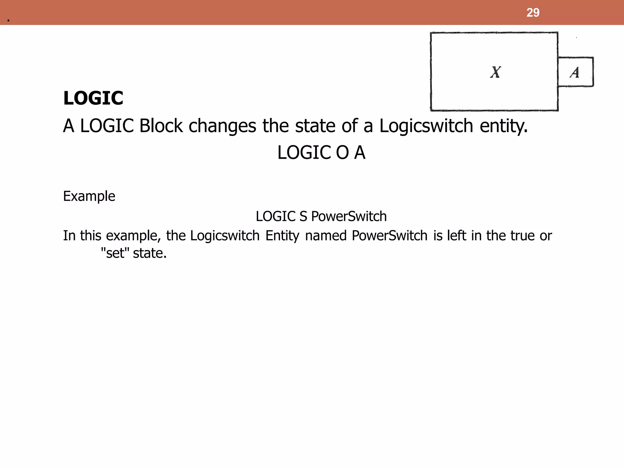 LOGIC
A LOGIC Block changes the state of a Logicswitch entity.
LOGIC O A
Example
LOGIC S PowerSwitch
In this example, the Logicswitch Entity named PowerSwitch is left in the true or
"set" state.
29
.
 