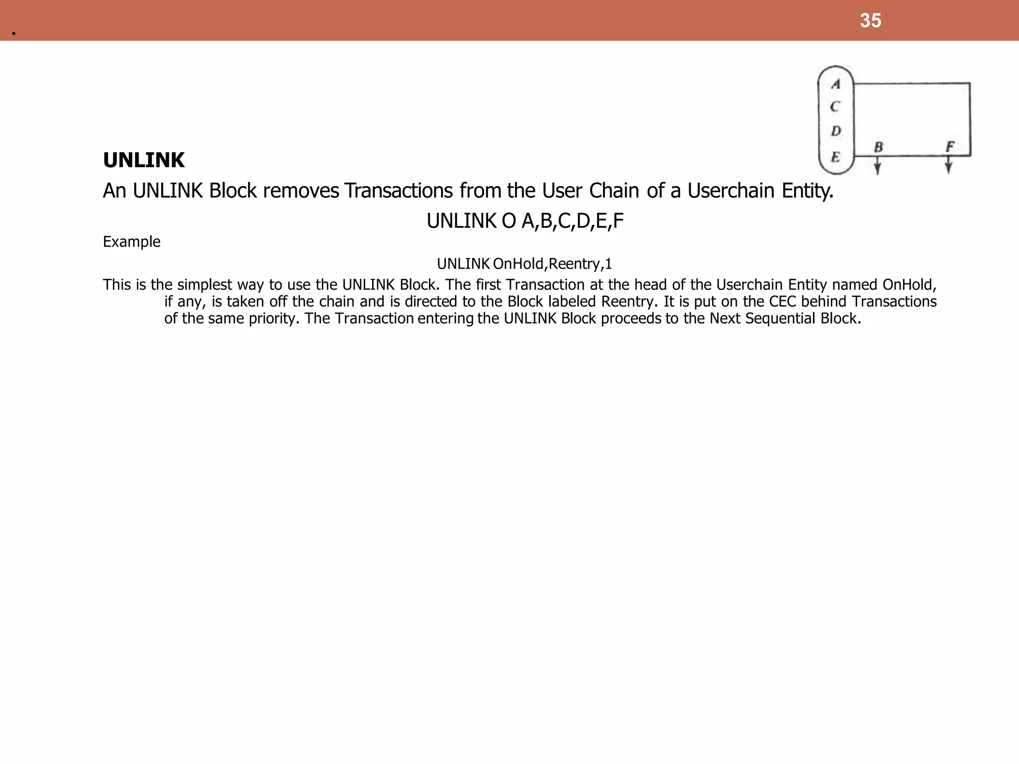 UNLINK
An UNLINK Block removes Transactions from the User Chain of a Userchain Entity.
UNLINK O A,B,C,D,E,F
Example
UNLINK OnHold,Reentry,1
This is the simplest way to use the UNLINK Block. The first Transaction at the head of the Userchain Entity named OnHold,
if any, is taken off the chain and is directed to the Block labeled Reentry. It is put on the CEC behind Transactions
of the same priority. The Transaction entering the UNLINK Block proceeds to the Next Sequential Block.
35
.
 
