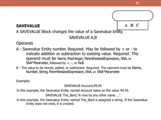 SAVEVALUE
A SAVEVALUE Block changes the value of a Savevalue Entity.
SAVEVALUE A,B
Operands
A - Savevalue Entity number. Required. May be followed by + or - to
indicate addition or subtraction to existing value. Required. The
operand must be Name, PosInteger, ParenthesizedExpression, SNA, or
SNA*Parameter, followed by +, -, or Null.
B - The value to be stored, added, or subtracted. Required. The operand must be Name,
Number, String, ParenthesizedExpression, SNA, or SNA*Parameter.
Examples
SAVEVALUE Account,99.95
In this example, the Savevalue Entity named Account takes on the value 99.95.
SAVEVALUE The_Bard,"A rose by any other name ..."
In this example, the Savevalue Entity named The_Bard is assigned a string. If the Savevalue
Entity does not exist, it is created.
31
.
 