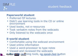 student feedback Paperworld student Preferred f2f lectures Didn’t use learning tools in the CD or online environment Used books, not e-resources Took verbatim notes from the webcasts Only listened to the webcasts once E-world student Comfortable using the webcast environment Used online information Used a word-processor to type notes Viewed and reviewed the webcasts Used the learning tools, eg speak-fast button We found that most students adopted a position somewhere along the spectrum of these two poles, and the position was variable depending on purpose of use. 