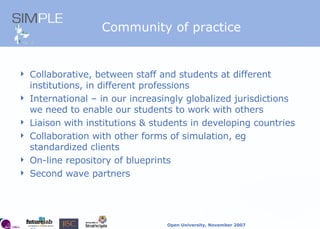Community of practice Collaborative, between staff and students at different institutions, in different professions International – in our increasingly globalized jurisdictions we need to enable our students to work with others Liaison with institutions & students in developing countries Collaboration with other forms of simulation, eg standardized clients On-line repository of blueprints Second wave partners 