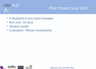 Pilot Project June 2007 4 Students & one tutor/manager Run over 10 days Student Guide Evaluation: Mainly functionality  