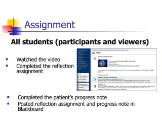 Watched the video Completed the reflection assignment Assignment Completed the patient’s progress note Posted reflection assignment and progress note in Blackboard All students (participants and viewers) 