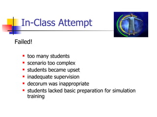 In-Class Attempt Failed! too many students scenario too complex students became upset inadequate supervision  decorum was inappropriate students lacked basic preparation for simulation training 