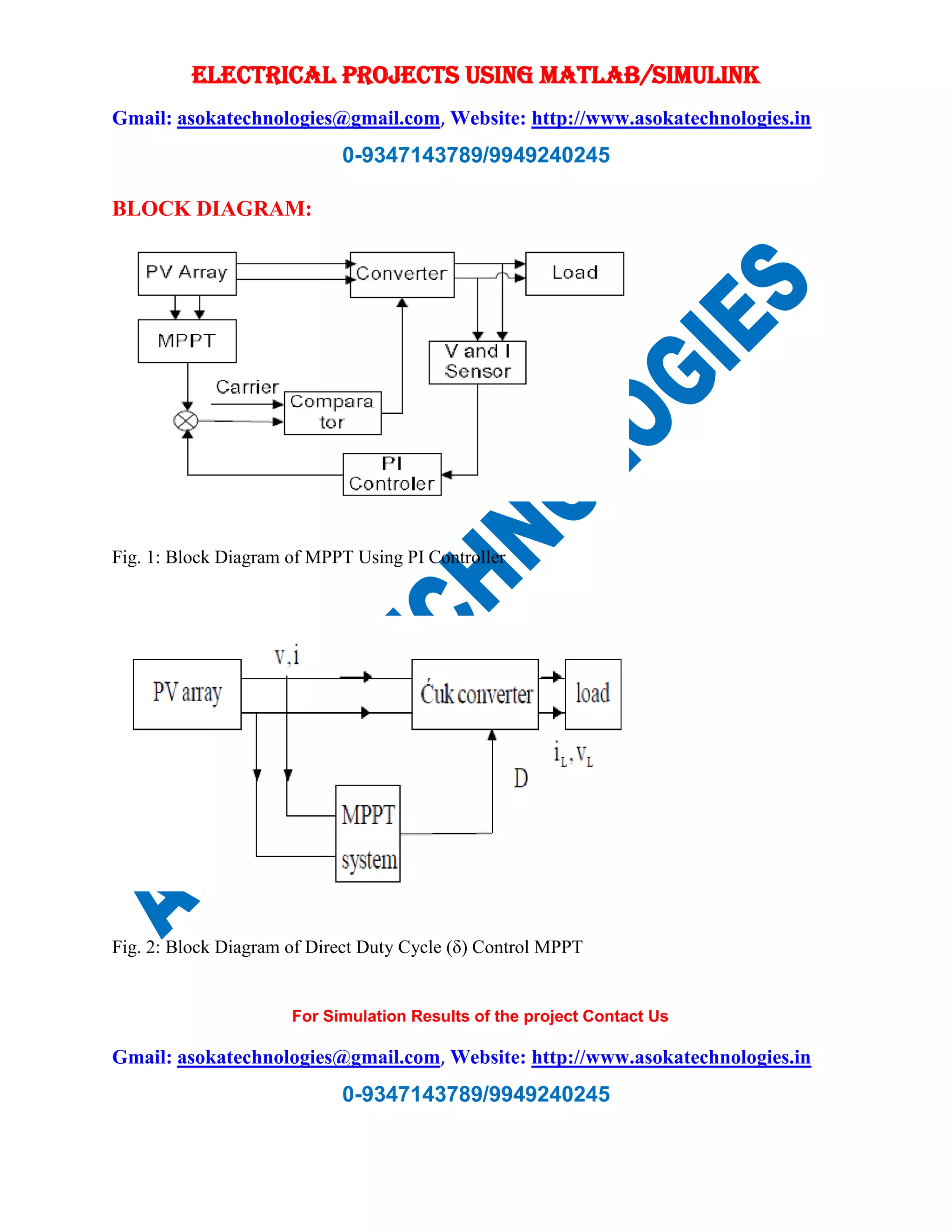 ELECTRICAL PROJECTS USING MATLAB/SIMULINK Gmail: asokatechnologies@gmail.com, Website: http://www.asokatechnologies.in 0-9347143789/9949240245 For Simulation Results of the project Contact Us Gmail: asokatechnologies@gmail.com, Website: http://www.asokatechnologies.in 0-9347143789/9949240245 BLOCK DIAGRAM: Fig. 1: Block Diagram of MPPT Using PI Controller Fig. 2: Block Diagram of Direct Duty Cycle (δ) Control MPPT 