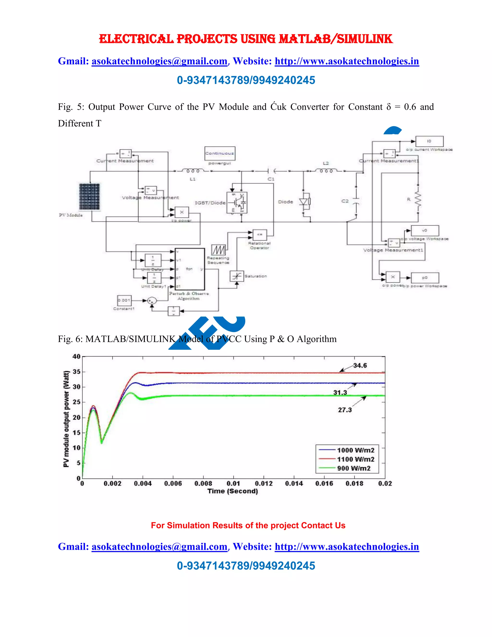 ELECTRICAL PROJECTS USING MATLAB/SIMULINK Gmail: asokatechnologies@gmail.com, Website: http://www.asokatechnologies.in 0-9347143789/9949240245 For Simulation Results of the project Contact Us Gmail: asokatechnologies@gmail.com, Website: http://www.asokatechnologies.in 0-9347143789/9949240245 Fig. 5: Output Power Curve of the PV Module and Ćuk Converter for Constant δ = 0.6 and Different T Fig. 6: MATLAB/SIMULINK Model of PVCC Using P & O Algorithm 