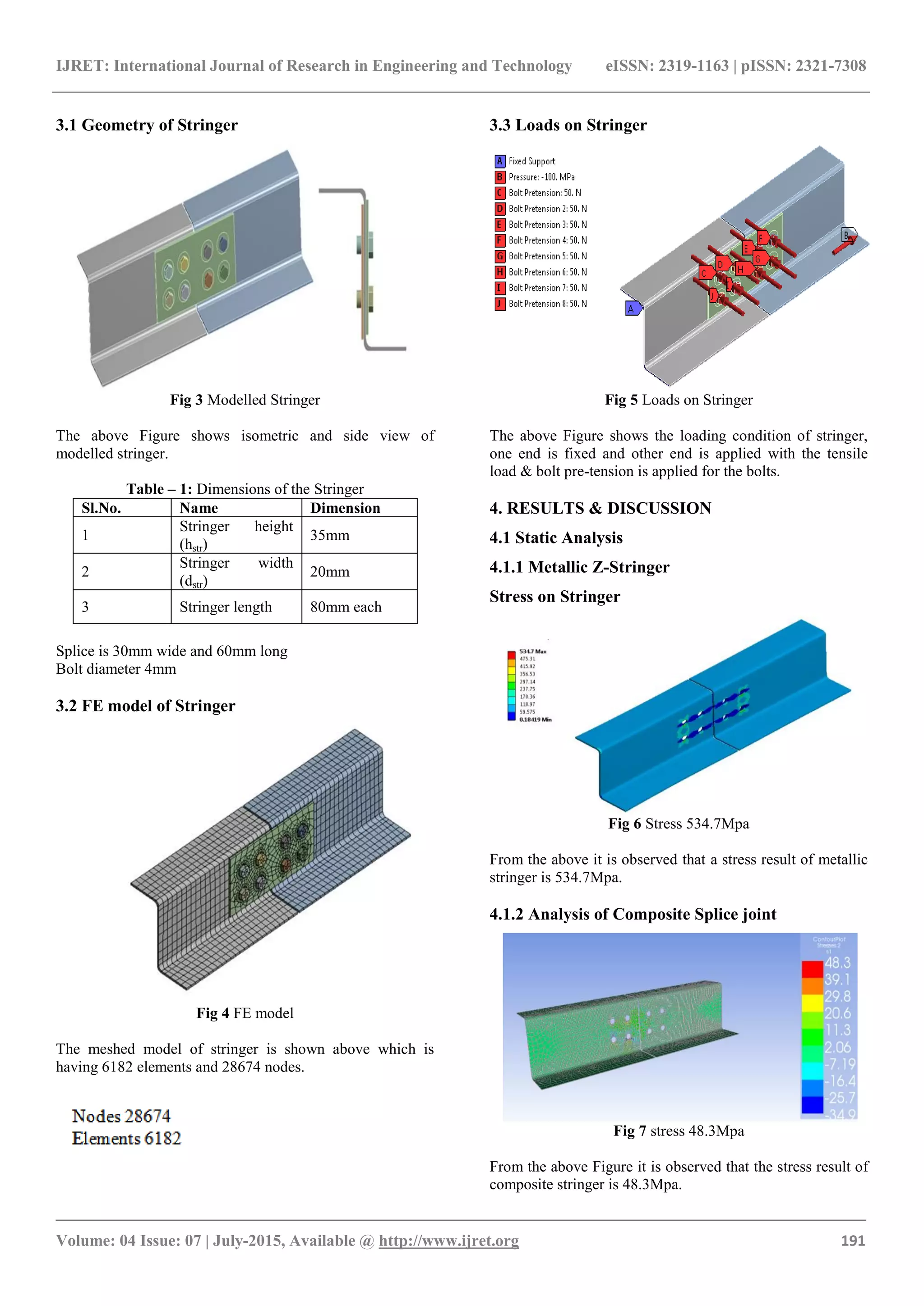 IJRET: International Journal of Research in Engineering and Technology eISSN: 2319-1163 | pISSN: 2321-7308
_______________________________________________________________________________________
Volume: 04 Issue: 07 | July-2015, Available @ http://www.ijret.org 191
3.1 Geometry of Stringer
Fig 3 Modelled Stringer
The above Figure shows isometric and side view of
modelled stringer.
Table – 1: Dimensions of the Stringer
Sl.No. Name Dimension
1
Stringer height
(hstr)
35mm
2
Stringer width
(dstr)
20mm
3 Stringer length 80mm each
Splice is 30mm wide and 60mm long
Bolt diameter 4mm
3.2 FE model of Stringer
Fig 4 FE model
The meshed model of stringer is shown above which is
having 6182 elements and 28674 nodes.
3.3 Loads on Stringer
Fig 5 Loads on Stringer
The above Figure shows the loading condition of stringer,
one end is fixed and other end is applied with the tensile
load & bolt pre-tension is applied for the bolts.
4. RESULTS & DISCUSSION
4.1 Static Analysis
4.1.1 Metallic Z-Stringer
Stress on Stringer
Fig 6 Stress 534.7Mpa
From the above it is observed that a stress result of metallic
stringer is 534.7Mpa.
4.1.2 Analysis of Composite Splice joint
Fig 7 stress 48.3Mpa
From the above Figure it is observed that the stress result of
composite stringer is 48.3Mpa.
 