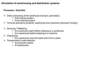 Processes / Activities: Order processing at the warehouse (manual ,automated ) Pull ordering system Push ordering system Terminal operations at plants, warehouse and customers (domestic/ foreign) Grouping / Palletizing At a production plant before shipping to a warehouse At a warehouse before shipping to a customer Ungrouping At a warehouse once the parts arrive from a plant Transportation mode selection At production plants At warehouses Simulation of warehousing and distribution systems 