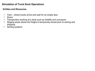 Entities and Resources Yard – where trucks arrive and wait for an empty door Doors  Transporters working at a dock such as forklifts and conveyors Staging areas where the freight is temporarily stored prior to sorting and shipping Sorting systems Simulation of Truck Dock Operations 