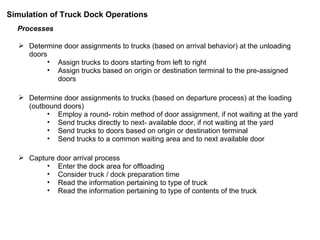 Processes Determine door assignments to trucks (based on arrival behavior) at the unloading doors Assign trucks to doors starting from left to right Assign trucks based on origin or destination terminal to the pre-assigned doors Determine door assignments to trucks (based on departure process) at the loading (outbound doors) Employ a round- robin method of door assignment, if not waiting at the yard Send trucks directly to next- available door, if not waiting at the yard Send trucks to doors based on origin or destination terminal Send trucks to a common waiting area and to next available door Capture door arrival process Enter the dock area for offloading Consider truck / dock preparation time Read the information pertaining to type of truck Read the information pertaining to type of contents of the truck Simulation of Truck Dock Operations 
