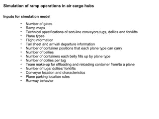 Inputs for simulation model Number of gates Ramp maps Technical specifications of sort-line conveyors,tugs, dollies and forklifts Plane types Flight information  Tail sheet and arrival/ departure information Number of container positions that each plane type can carry  Number of bellies Number of containers each belly fills up by plane type Number of dollies per tug Team make-up for offloading and reloading container from/to a plane Number of tugs/ dollies/ forklifts Conveyor location and characteristics Plane parking location rules Runway behavior Simulation of ramp operations in air cargo hubs 
