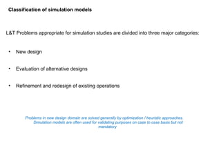L&T Problems appropriate for simulation studies are divided into three major categories: New design Evaluation of alternative designs  Refinement and redesign of existing operations Problems in new design domain are solved generally by optimization / heuristic approaches. Simulation models are often used for validating purposes on case to case basis but not mandatory  Classification of simulation models 