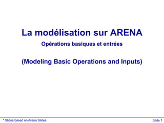 Slide 1
La modélisation sur ARENA
Opérations basiques et entrées
(Modeling Basic Operations and Inputs)
* Slides based on Arena Slides
 