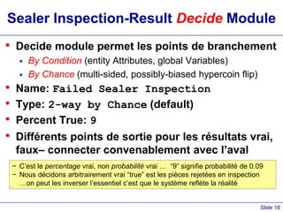 Slide 18
Sealer Inspection-Result Decide Module
• Decide module permet les points de branchement
 By Condition (entity Attributes, global Variables)
 By Chance (multi-sided, possibly-biased hypercoin flip)
• Name: Failed Sealer Inspection
• Type: 2-way by Chance (default)
• Percent True: 9
• Différents points de sortie pour les résultats vrai,
faux– connecter convenablement avec l’aval
− C’est le percentage vrai, non probabilité vrai … “9” signifie probabilité de 0.09
− Nous décidons arbitrairement vrai “true” est les pièces rejetées en inspection
…on peut les inverser l’essentiel c’est que le système reflète la réalité
 