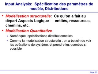 Slide 50
Input Analysis: Spécification des paramètres de
modèle, Distributions
• Modélisation structurelle: Ce qu’on a fait au
départ Aspects Logique — entités, ressources,
chemins, etc.
• Modélisation Quantitative
 Numérique, spécifications distributionnelles
 Comme la modélisation structurelle , on a besoin de voir
les opérations de système, et prendre les données si
possible
 