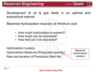 4
Most valuable Indian PSU
Reservoir Engineering ----- Goals
Development of oil & gas fields in an optimal and
economical manner
Maximize hydrocarbon recovery at minimum cost
• How much hydrocarbon is present?
• How much can be recovered?
• How fast can it be recovered?
Hydrocarbon in-place
Hydrocarbon Reserves (Producible quantity)
Rate and duration of Production (field life)
Reservoir
performance
analysis
 
