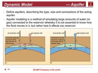 40 #2 E&P Company in the world
Dynamic Model --- Aquifer
• Define aquifers, describing the type, size and connections of the acting
aquifer.
• Aquifer modeling is a method of simulating large amounts of water (or
gas) connected to the reservoir whereby it is not essential to know how
the fluid moves in it, but rather how it affects our reservoir.
 