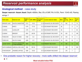 6
Most valuable Indian PSU
Reservoir performance analysis
Analogical method - case study
Deeper reservoir- Assam Asset: Depth:>4000m, Rec: 6% of OIIP, Phi: 8-12%, Perm: 10-40 mD, Flowing
strings: 7
• One probable reason for higher recovery - more wells drilled into deeper reservoir
 