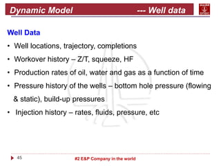 45 #2 E&P Company in the world
Dynamic Model --- Well data
Well Data
• Well locations, trajectory, completions
• Workover ...