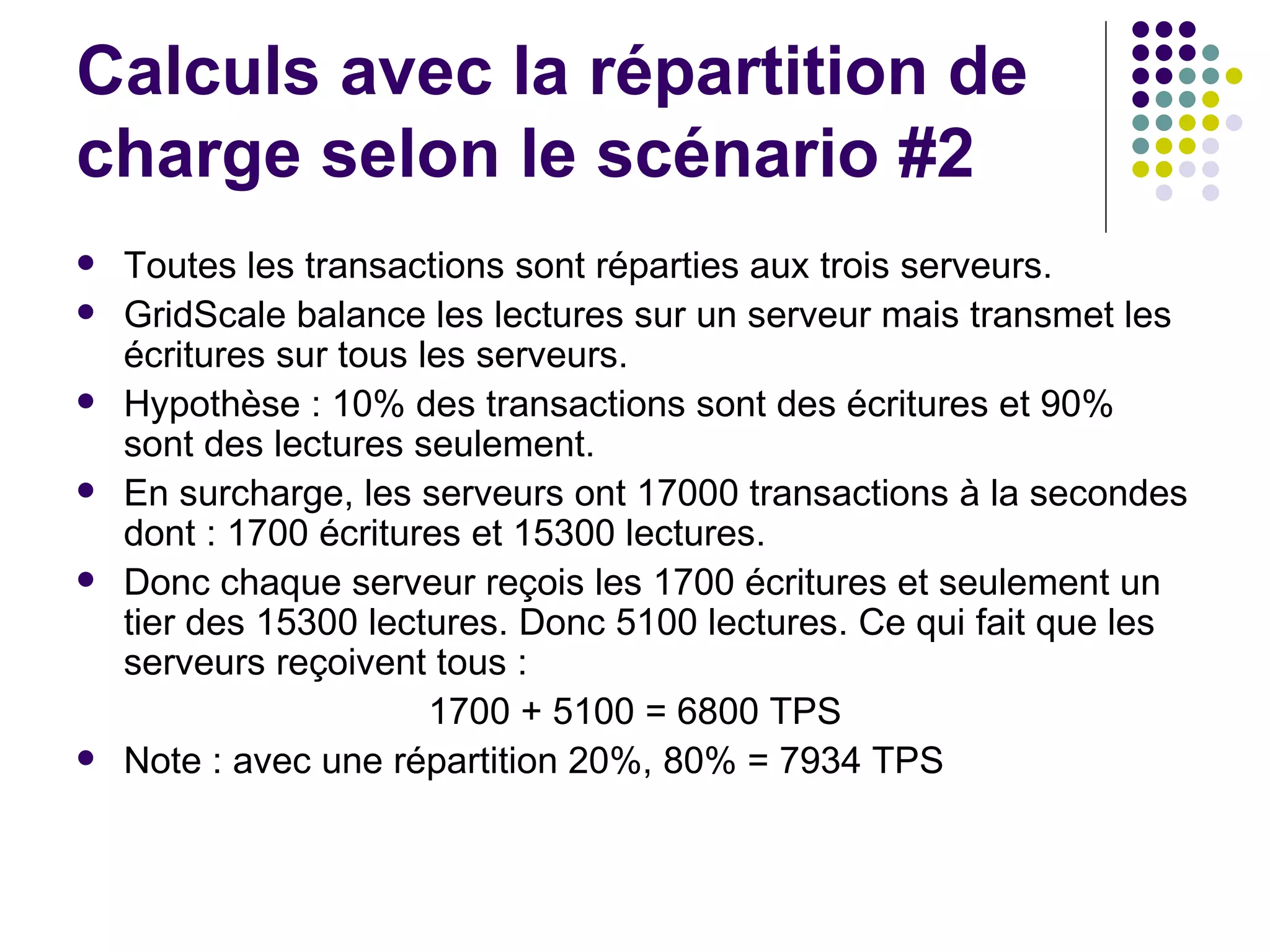 Calculs avec la répartition de charge selon le scénario #2 Toutes les transactions sont réparties aux trois serveurs. GridScale balance les lectures sur un serveur mais transmet les écritures sur tous les serveurs. Hypothèse : 10% des transactions sont des écritures et 90% sont des lectures seulement. En surcharge, les serveurs ont 17000 transactions à la secondes dont : 1700 écritures et 15300 lectures. Donc chaque serveur reçois les 1700 écritures et seulement un tier des 15300 lectures. Donc 5100 lectures. Ce qui fait que les serveurs reçoivent tous : 1700 + 5100 = 6800 TPS Note : avec une répartition 20%, 80% = 7934 TPS 