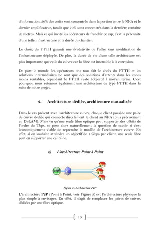 d’information, 30% des coûts sont concentrés dans la portion entre le NRA et le
dernier amplificateur, tandis que 70% sont concentrés dans la dernière centaine
de mètres. Mais ce qui incite les opérateurs de franchir ce cap, c’est la pérennité
d’une telle infrastructure et la durée du chantier.

Le choix du FTTH garanti une évolutivité de l’offre sans modification de
l’infrastructure déployée. De plus, la durée de vie d’une telle architecture est
plus importante que celle du cuivre car la fibre est insensible à la corrosion.

De part le monde, les opérateurs ont tous fait le choix du FTTH et les
solutions intermédiaires ne sont que des solutions d’attente dans les zones
moins rentables, cependant le FTTH reste l’objectif à moyen terme. C’est
pourquoi, nous retenons également une architecture de type FTTH dans la
suite de notre projet.


             2.    Architecture dédiée, architecture mutualisée

Dans le cas présent avec l’architecture cuivre, chaque client possède une paire
de cuivre dédiée qui connecte directement le client au NRA (plus précisément
au DSLAM). Mais vu qu’une seule fibre optique peut supporter des débits de
l’ordre du Tbps, se pose alors naturellement la question de savoir si c’est
économiquement viable de reprendre le modèle de l’architecture cuivre. En
effet, si on souhaite atteindre un objectif de 1 Gbps par client, une seule fibre
peut en supporter une centaine.


                   a)     L’architecture Point à Point




                              Figure 5 : Architecture P2P

L'architecture P2P (Point à Point, voir Figure 5) est l'architecture physique la
plus simple à envisager. En effet, il s'agit de remplacer les paires de cuivre,
dédiées par une fibre optique.


                                         10
 