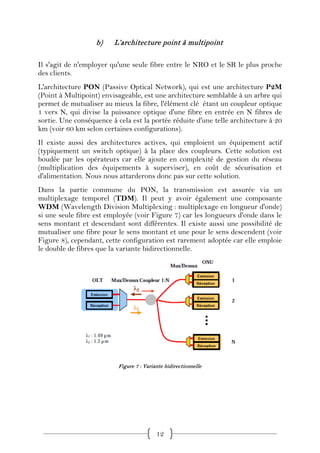 b)    L’architecture point à multipoint

Il s'agit de n'employer qu'une seule fibre entre le NRO et le SR le plus proche
des clients.
L'architecture PON (Passive Optical Network), qui est une architecture P2M
(Point à Multipoint) envisageable, est une architecture semblable à un arbre qui
permet de mutualiser au mieux la fibre, l'élément clé étant un coupleur optique
1 vers N, qui divise la puissance optique d'une fibre en entrée en N fibres de
sortie. Une conséquence à cela est la portée réduite d'une telle architecture à 20
km (voir 60 km selon certaines configurations).
Il existe aussi des architectures actives, qui emploient un équipement actif
(typiquement un switch optique) à la place des coupleurs. Cette solution est
boudée par les opérateurs car elle ajoute en complexité de gestion du réseau
(multiplication des équipements à superviser), en coût de sécurisation et
d'alimentation. Nous nous attarderons donc pas sur cette solution.
Dans la partie commune du PON, la transmission est assurée via un
multiplexage temporel (TDM). Il peut y avoir également une composante
WDM (Wavelength Division Multiplexing : multiplexage en longueur d'onde)
si une seule fibre est employée (voir Figure 7) car les longueurs d'onde dans le
sens montant et descendant sont différentes. Il existe aussi une possibilité de
mutualiser une fibre pour le sens montant et une pour le sens descendent (voir
Figure 8), cependant, cette configuration est rarement adoptée car elle emploie
le double de fibres que la variante bidirectionnelle.




                           Figure 7 : Variante bidirectionnelle




                                           12
 