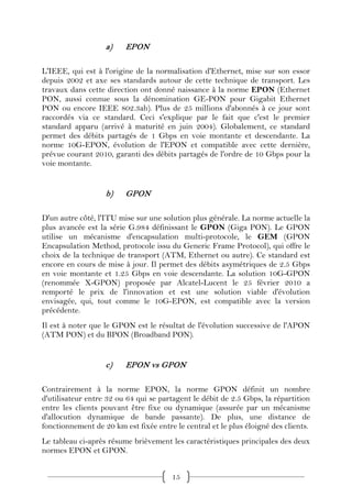 a)    EPON

L'IEEE, qui est à l'origine de la normalisation d'Ethernet, mise sur son essor
depuis 2002 et axe ses standards autour de cette technique de transport. Les
travaux dans cette direction ont donné naissance à la norme EPON (Ethernet
PON, aussi connue sous la dénomination GE-PON pour Gigabit Ethernet
PON ou encore IEEE 802.3ah). Plus de 25 millions d'abonnés à ce jour sont
raccordés via ce standard. Ceci s'explique par le fait que c'est le premier
standard apparu (arrivé à maturité en juin 2004). Globalement, ce standard
permet des débits partagés de 1 Gbps en voie montante et descendante. La
norme 10G-EPON, évolution de l'EPON et compatible avec cette dernière,
prévue courant 2010, garanti des débits partagés de l'ordre de 10 Gbps pour la
voie montante.


                   b)    GPON

D'un autre côté, l'ITU mise sur une solution plus générale. La norme actuelle la
plus avancée est la série G.984 définissant le GPON (Giga PON). Le GPON
utilise un mécanisme d'encapsulation multi-protocole, le GEM (GPON
Encapsulation Method, protocole issu du Generic Frame Protocol), qui offre le
choix de la technique de transport (ATM, Ethernet ou autre). Ce standard est
encore en cours de mise à jour. Il permet des débits asymétriques de 2.5 Gbps
en voie montante et 1.25 Gbps en voie descendante. La solution 10G-GPON
(renommée X-GPON) proposée par Alcatel-Lucent le 25 février 2010 a
remporté le prix de l'innovation et est une solution viable d'évolution
envisagée, qui, tout comme le 10G-EPON, est compatible avec la version
précédente.
Il est à noter que le GPON est le résultat de l'évolution successive de l'APON
(ATM PON) et du BPON (Broadband PON).


                   c)    EPON vs GPON

Contrairement à la norme EPON, la norme GPON définit un nombre
d'utilisateur entre 32 ou 64 qui se partagent le débit de 2.5 Gbps, la répartition
entre les clients pouvant être fixe ou dynamique (assurée par un mécanisme
d'allocution dynamique de bande passante). De plus, une distance de
fonctionnement de 20 km est fixée entre le central et le plus éloigné des clients.
Le tableau ci-après résume brièvement les caractéristiques principales des deux
normes EPON et GPON.


                                       15
 