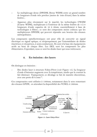 -     Le multiplexage dense (DWDM, Dense WDM) entre un grand nombre
      de longueurs d’onde très proches (moins de 1nm d’écart) dans la même
      fenêtre ;
-     Apparues plus récemment sur le marché, les technologies CWDM
      (Coarse WDM), multiplexant à l’intérieur de la même fenêtre de 4 à 8
      longueurs d’onde espacées de 10 à 20nm, essentiellement à base de
      technologies à filtres ; ce sont des composants moins coûteux que les
      multiplexeurs DWDM, qui peuvent répondre aux besoins des réseaux
      métropolitains.
Les composants optoélectroniques ont pour rôle de convertir un signal
électrique en signal optique, et réciproquement, par l’intermédiaire de diodes
émettrices et réceptrices, à semi-conducteurs. Ils sont à la base des équipements
actifs au bout de chaque fibre. Les DEL sont les composants les plus
élémentaires. Cependant, nous ce sont les diodes laser qui nous intéressent.


            2.    En émission : des lasers


On distingue en émission :
-     Des diodes laser à structure Fabry-Pérot (voir Figure 15). La longueur
      d’onde d’émission augmente avec la température, tandis que le courant la
      fait diminuer. Typiquement, ce décalage se fait de manière discontinue,
      avec une pente de 0.5nm/°.
Ces composantes sont utilisées à 1300nm, notamment dans le sens remontant
des réseaux GPON, en attendant la disponibilité des VCSEL à 1300nm




                             Figure 15 : Laser Fabry-Pérot




                                         26
 