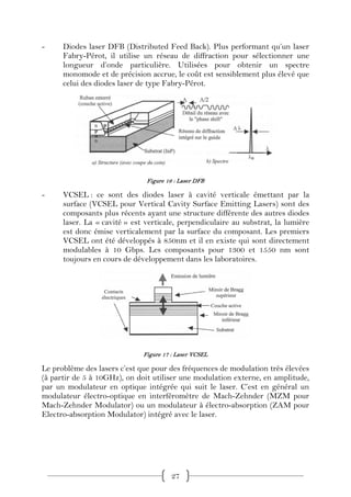 -     Diodes laser DFB (Distributed Feed Back). Plus performant qu’un laser
      Fabry-Pérot, il utilise un réseau de diffraction pour sélectionner une
      longueur d’onde particulière. Utilisées pour obtenir un spectre
      monomode et de précision accrue, le coût est sensiblement plus élevé que
      celui des diodes laser de type Fabry-Pérot.




                               Figure 16 : Laser DFB

-     VCSEL : ce sont des diodes laser à cavité verticale émettant par la
      surface (VCSEL pour Vertical Cavity Surface Emitting Lasers) sont des
      composants plus récents ayant une structure différente des autres diodes
      laser. La « cavité » est verticale, perpendiculaire au substrat, la lumière
      est donc émise verticalement par la surface du composant. Les premiers
      VCSEL ont été développés à 850nm et il en existe qui sont directement
      modulables à 10 Gbps. Les composants pour 1300 et 1550 nm sont
      toujours en cours de développement dans les laboratoires.




                              Figure 17 : Laser VCSEL

Le problème des lasers c’est que pour des fréquences de modulation très élevées
(à partir de 5 à 10GHz), on doit utiliser une modulation externe, en amplitude,
par un modulateur en optique intégrée qui suit le laser. C’est en général un
modulateur électro-optique en interféromètre de Mach-Zehnder (MZM pour
Mach-Zehnder Modulator) ou un modulateur à électro-absorption (ZAM pour
Electro-absorption Modulator) intégré avec le laser.




                                        27
 
