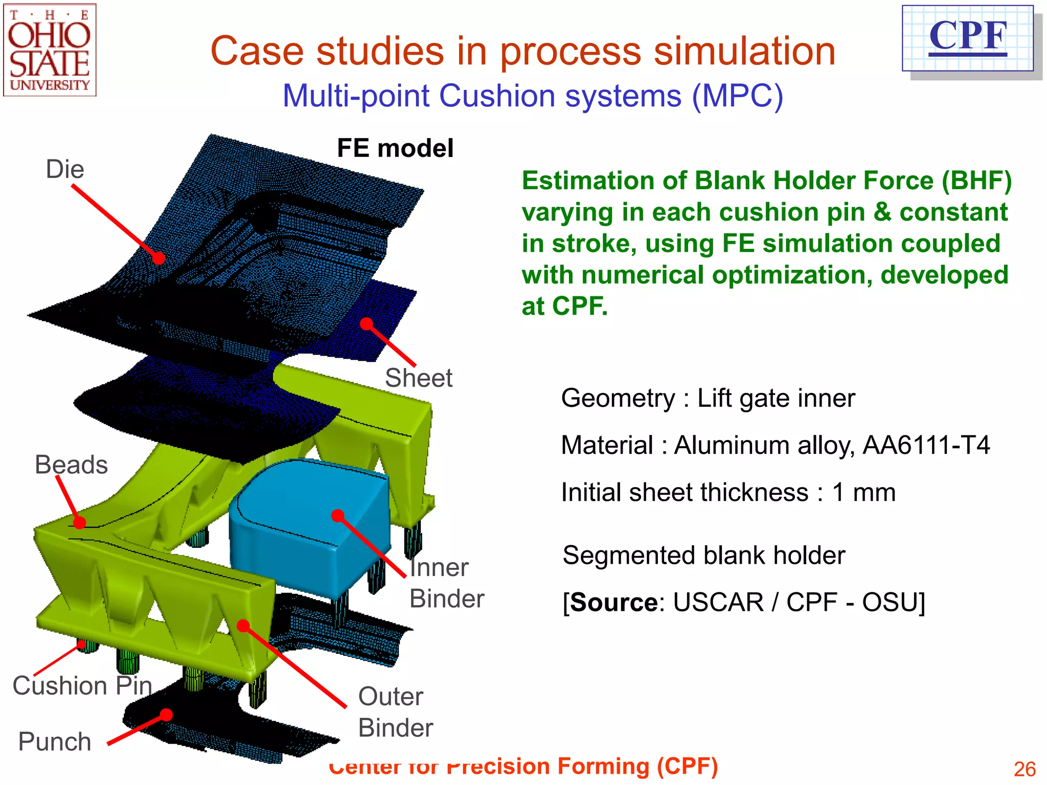 Case studies in process simulation                         CPF
                 Multi-point Cushion systems (MPC)
                    FE model
  Die                               Estimation of Blank Holder Force (BHF)
                                    varying in each cushion pin & constant
                                    in stroke, using FE simulation coupled
                                    with numerical optimization, developed
                                    at CPF.

                        Sheet
                                        Geometry : Lift gate inner
                                        Material : Aluminum alloy, AA6111-T4
 Beads
                                        Initial sheet thickness : 1 mm

                           Inner        Segmented blank holder
                           Binder       [Source: USCAR / CPF - OSU]


Cushion Pin           Outer
                      Binder
Punch
                    Center for Precision Forming (CPF)                         26
 