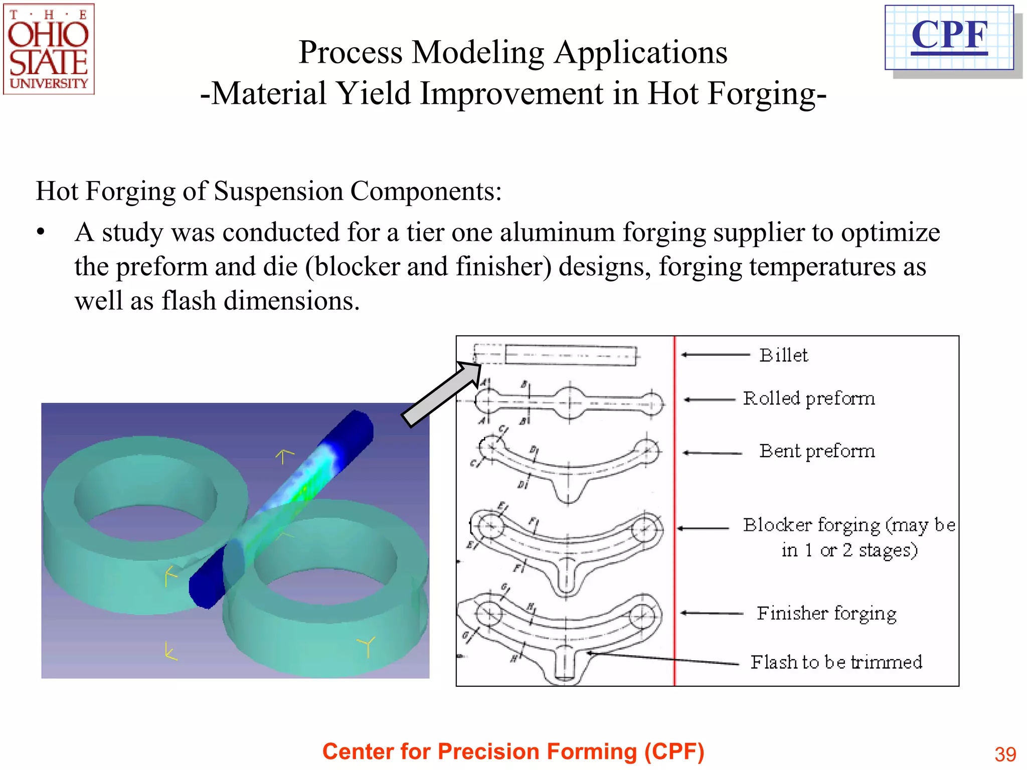 Process Modeling Applications                         CPF
             -Material Yield Improvement in Hot Forging-

Hot Forging of Suspension Components:
• A study was conducted for a tier one aluminum forging supplier to optimize
  the preform and die (blocker and finisher) designs, forging temperatures as
  well as flash dimensions.




                        Center for Precision Forming (CPF)                      39
 