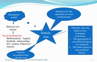Simula-
tion
Imitation of the
operation of a real
world process
Whether done by
hand or on a
Computer
It involves
1. The generation of
an artificial history
of a system &
2. The observation of
that artificial
history
Simulation
model
Behavior of a
system
Set of Assumptions:
Mathematical, Logical,
Symbolic relationships
b/w entities, Objects of
interest
Used as:
an analysis tool,
a design tool
08/09/2016 17Dr. DEGA NAGARAJU, SMEC
 