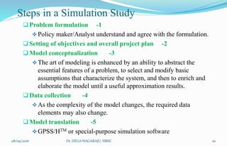 Problem formulation -1
Policy maker/Analyst understand and agree with the formulation.
Setting of objectives and overall project plan -2
Model conceptualization -3
The art of modeling is enhanced by an ability to abstract the
essential features of a problem, to select and modify basic
assumptions that characterize the system, and then to enrich and
elaborate the model until a useful approximation results.
Data collection -4
As the complexity of the model changes, the required data
elements may also change.
Model translation -5
GPSS/HTM or special-purpose simulation software
Steps in a Simulation Study
08/09/2016 20Dr. DEGA NAGARAJU, SMEC
 