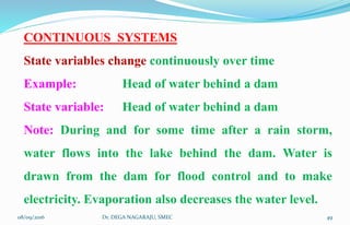 CONTINUOUS SYSTEMS
State variables change continuously over time
Example: Head of water behind a dam
State variable: Head of water behind a dam
Note: During and for some time after a rain storm,
water flows into the lake behind the dam. Water is
drawn from the dam for flood control and to make
electricity. Evaporation also decreases the water level.
08/09/2016 49Dr. DEGA NAGARAJU, SMEC
 