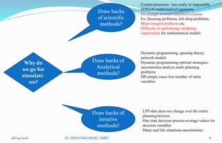 Why do
we go for
simulati-
on?
Draw backs
of scientific
methods?
Draw backs of
Analytical
methods?
Draw backs of
iterative
methods?
Certain processes : too costly or impossible
Difficult-mathematical equations
No straight forward analytical solution
Ex: Queuing problems, Job shop problems,
Multi-integral problems etc.
Difficulty in performing validating
experiments for mathematical models
Dynamic programming, queuing theory,
network models
Dynamic programming-optimal strategies-
uncertainties-analyze multi-planning
problems
DP-simple cases-less number of static
variables
LPP-data does not change over the entire
planning horizon
One time decision process-average values for
decision variables
Many real life situations-uncertainties
08/09/2016 8Dr. DEGA NAGARAJU, SMEC
 