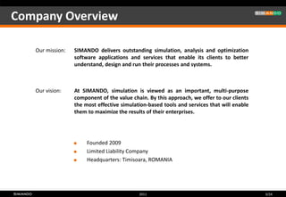 Company Overview

   Our mission:   SIMANDO delivers outstanding simulation, analysis and optimization
                  software applications and services that enable its clients to better
                  understand, design and run their processes and systems.



   Our vision:    At SIMANDO, simulation is viewed as an important, multi-purpose
                  component of the value chain. By this approach, we offer to our clients
                  the most effective simulation-based tools and services that will enable
                  them to maximize the results of their enterprises.




                      Founded 2009
                      Limited Liability Company
                      Headquarters: Timisoara, ROMANIA




                                            2011                                            3/24
 