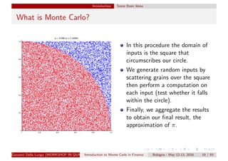 Introduction Some Basic Ideas
What is Monte Carlo?
In this procedure the domain of
inputs is the square that
circumscribes our circle.
We generate random inputs by
scattering grains over the square
then perform a computation on
each input (test whether it falls
within the circle).
Finally, we aggregate the results
to obtain our ﬁnal result, the
approximation of π.
Giovanni Della Lunga (WORKSHOP IN QUANTITATIVE FINANCE)Introduction to Monte Carlo in Finance Bologna - May 12-13, 2016 19 / 93
 