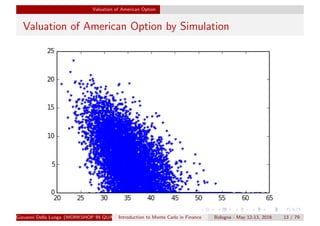 Valuation of American Option
Valuation of American Option by Simulation
Giovanni Della Lunga (WORKSHOP IN QUANTITATIVE FINANCE)Introduction to Monte Carlo in Finance Bologna - May 12-13, 2016 13 / 79
 