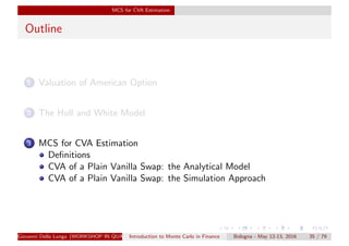 MCS for CVA Estimation
Outline
1 Valuation of American Option
2 The Hull and White Model
3 MCS for CVA Estimation
Deﬁnitions
CVA of a Plain Vanilla Swap: the Analytical Model
CVA of a Plain Vanilla Swap: the Simulation Approach
Giovanni Della Lunga (WORKSHOP IN QUANTITATIVE FINANCE)Introduction to Monte Carlo in Finance Bologna - May 12-13, 2016 35 / 79
 