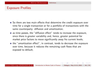MCS for CVA Estimation Deﬁnitions
Exposure Proﬁles
So there are two main eﬀects that determine the credit exposure over
time for a single transaction or for a portfolio of transactions with the
same counterparty: diﬀusion and amortization;
as time passes, the ”diﬀusion eﬀect” tends to increase the exposure,
since there is greater variability and, hence, greater potential for
market price factors to move signiﬁcantly away fro current levels;
the ”amortization eﬀect”, in contrast, tends to decrease the exposure
over time, because it reduces the remaining cash ﬂows that are
exposed to default;
Giovanni Della Lunga (WORKSHOP IN QUANTITATIVE FINANCE)Introduction to Monte Carlo in Finance Bologna - May 12-13, 2016 44 / 79
 