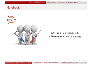 MCS for CVA Estimation CVA of a Plain Vanilla Swap: the Analytical Model
Notebook
GitHub : polyhedron-gdl;
Notebook : n09 cva swap;
Giovanni Della Lunga (WORKSHOP IN QUANTITATIVE FINANCE)Introduction to Monte Carlo in Finance Bologna - May 12-13, 2016 57 / 79
 