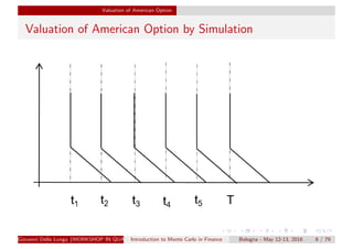 Valuation of American Option
Valuation of American Option by Simulation
Giovanni Della Lunga (WORKSHOP IN QUANTITATIVE FINANCE)Introduction to Monte Carlo in Finance Bologna - May 12-13, 2016 6 / 79
 