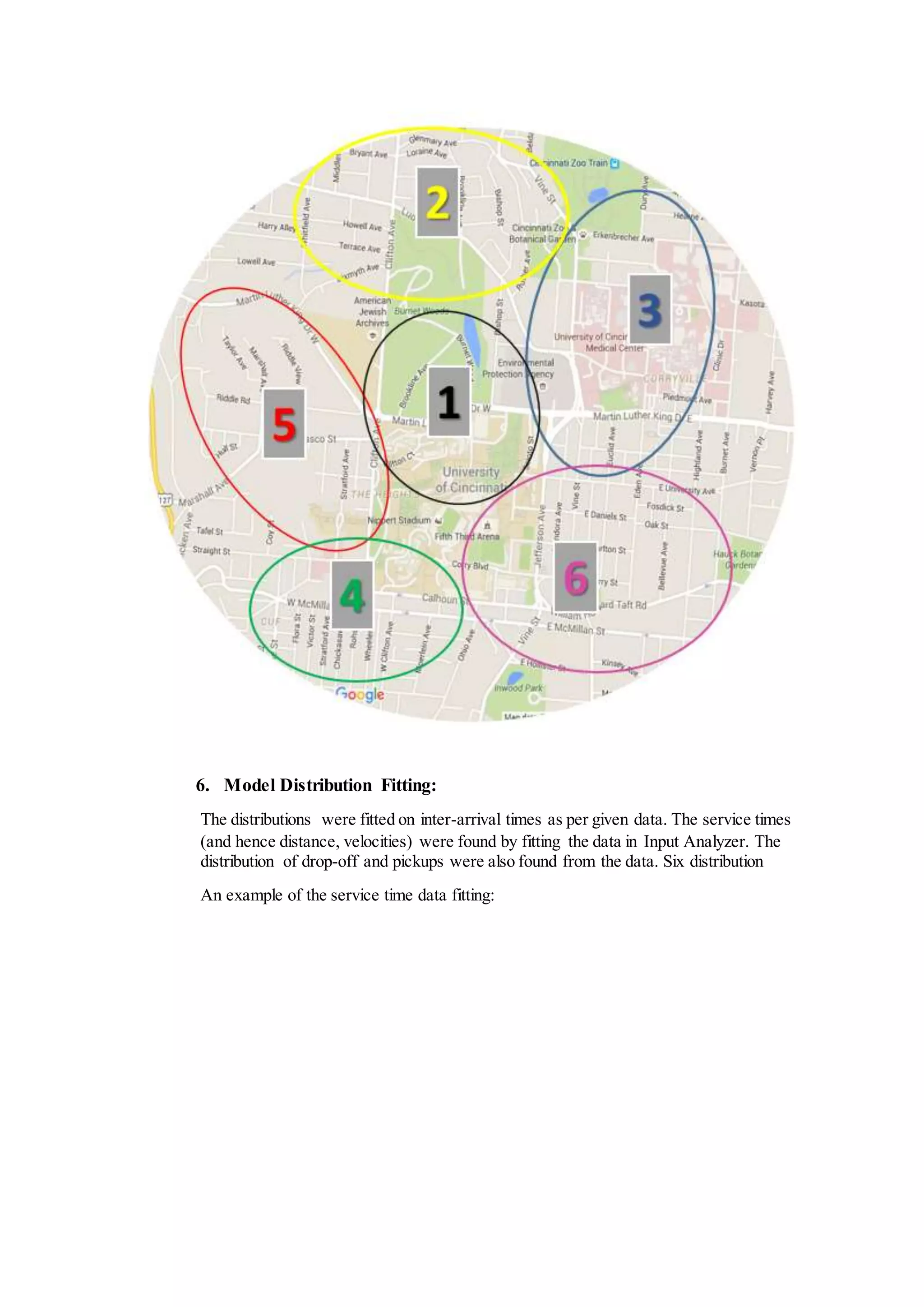 6. Model Distribution Fitting:
The distributions were fitted on inter-arrival times as per given data. The service times
(and hence distance, velocities) were found by fitting the data in Input Analyzer. The
distribution of drop-off and pickups were also found from the data. Six distribution
An example of the service time data fitting:
 
