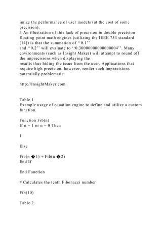 imize the performance of user models (at the cost of some
precision).
3 An illustration of this lack of precision in double precision
floating point math engines (utilizing the IEEE 754 standard
[14]) is that the summation of ‘‘0.1’’
and ‘‘0.2’’ will evaluate to ‘‘0.30000000000000004’’. Many
environments (such as Insight Maker) will attempt to round off
the imprecisions when displaying the
results thus hiding the issue from the user. Applications that
require high precision, however, render such imprecisions
potentially problematic.
http://InsightMaker.com
Table 1
Example usage of equation engine to define and utilize a custom
function.
Function Fib(n)
If n = 1 or n = 0 Then
1
Else
Fib(n � 1) + Fib(n � 2)
End If
End Function
# Calculates the tenth Fibonacci number
Fib(10)
Table 2
 