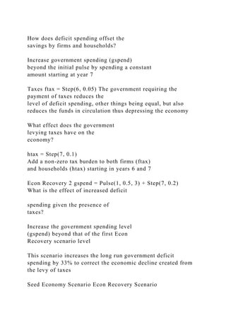 How does deficit spending offset the
savings by firms and households?
Increase government spending (gspend)
beyond the initial pulse by spending a constant
amount starting at year 7
Taxes ftax = Step(6, 0.05) The government requiring the
payment of taxes reduces the
level of deficit spending, other things being equal, but also
reduces the funds in circulation thus depressing the economy
What effect does the government
levying taxes have on the
economy?
htax = Step(7, 0.1)
Add a non-zero tax burden to both firms (ftax)
and households (htax) starting in years 6 and 7
Econ Recovery 2 gspend = Pulse(1, 0.5, 3) + Step(7, 0.2)
What is the effect of increased deficit
spending given the presence of
taxes?
Increase the government spending level
(gspend) beyond that of the first Econ
Recovery scenario level
This scenario increases the long run government deficit
spending by 33% to correct the economic decline created from
the levy of taxes
Seed Economy Scenario Econ Recovery Scenario
 
