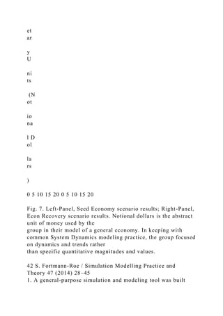 et
ar
y
U
ni
ts
(N
ot
io
na
l D
ol
la
rs
)
0 5 10 15 20 0 5 10 15 20
Fig. 7. Left-Panel, Seed Economy scenario results; Right-Panel,
Econ Recovery scenario results. Notional dollars is the abstract
unit of money used by the
group in their model of a general economy. In keeping with
common System Dynamics modeling practice, the group focused
on dynamics and trends rather
than specific quantitative magnitudes and values.
42 S. Fortmann-Roe / Simulation Modelling Practice and
Theory 47 (2014) 28–45
1. A general-purpose simulation and modeling tool was built
 