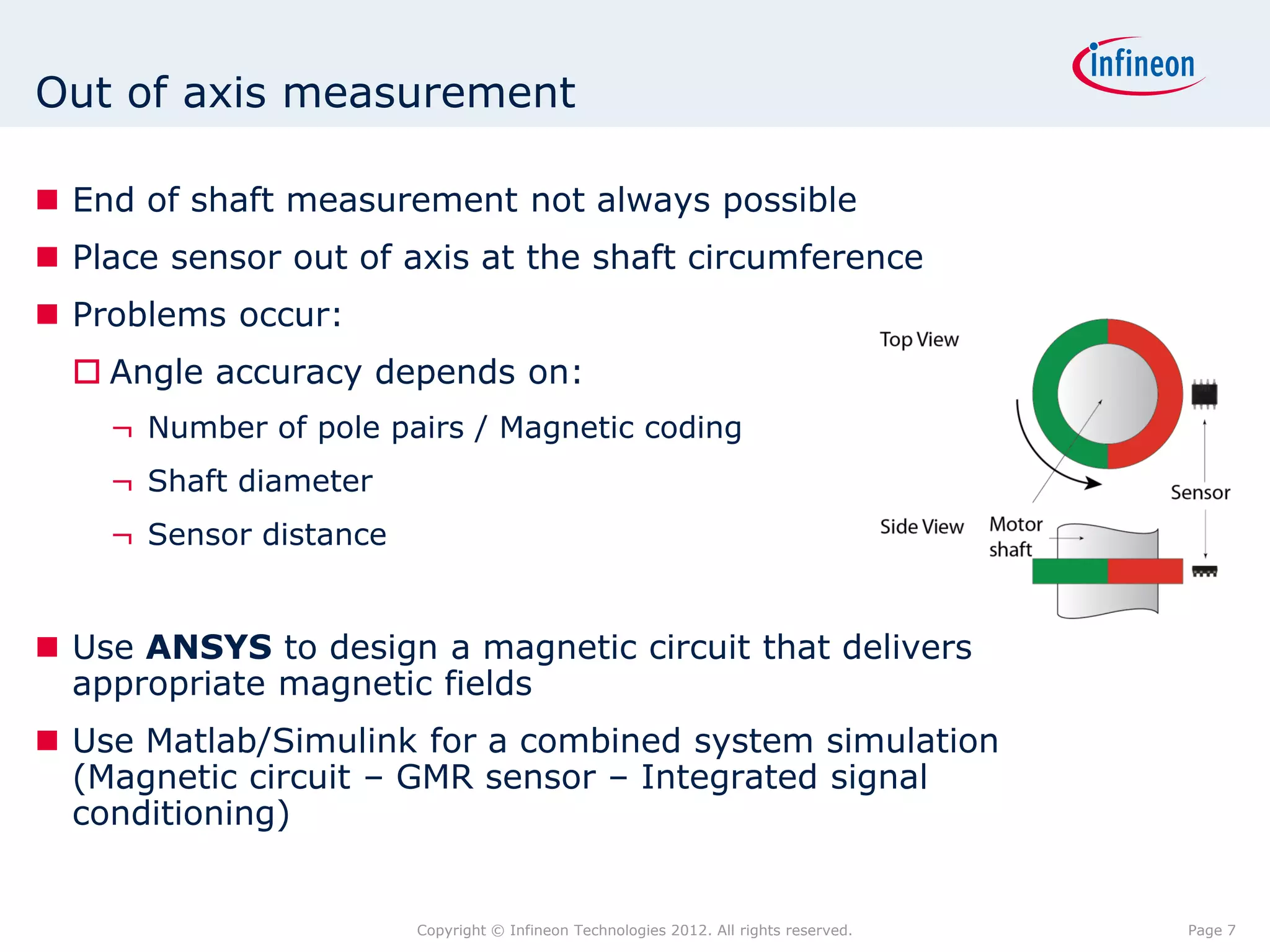 Out of axis measurement

 End of shaft measurement not always possible
 Place sensor out of axis at the shaft circumference
 Problems occur:
   Angle accuracy depends on:
    ¬ Number of pole pairs / Magnetic coding
    ¬ Shaft diameter
    ¬ Sensor distance


 Use ANSYS to design a magnetic circuit that delivers
  appropriate magnetic fields
 Use Matlab/Simulink for a combined system simulation
  (Magnetic circuit – GMR sensor – Integrated signal
  conditioning)


                        Copyright © Infineon Technologies 2012. All rights reserved.   Page 7
 