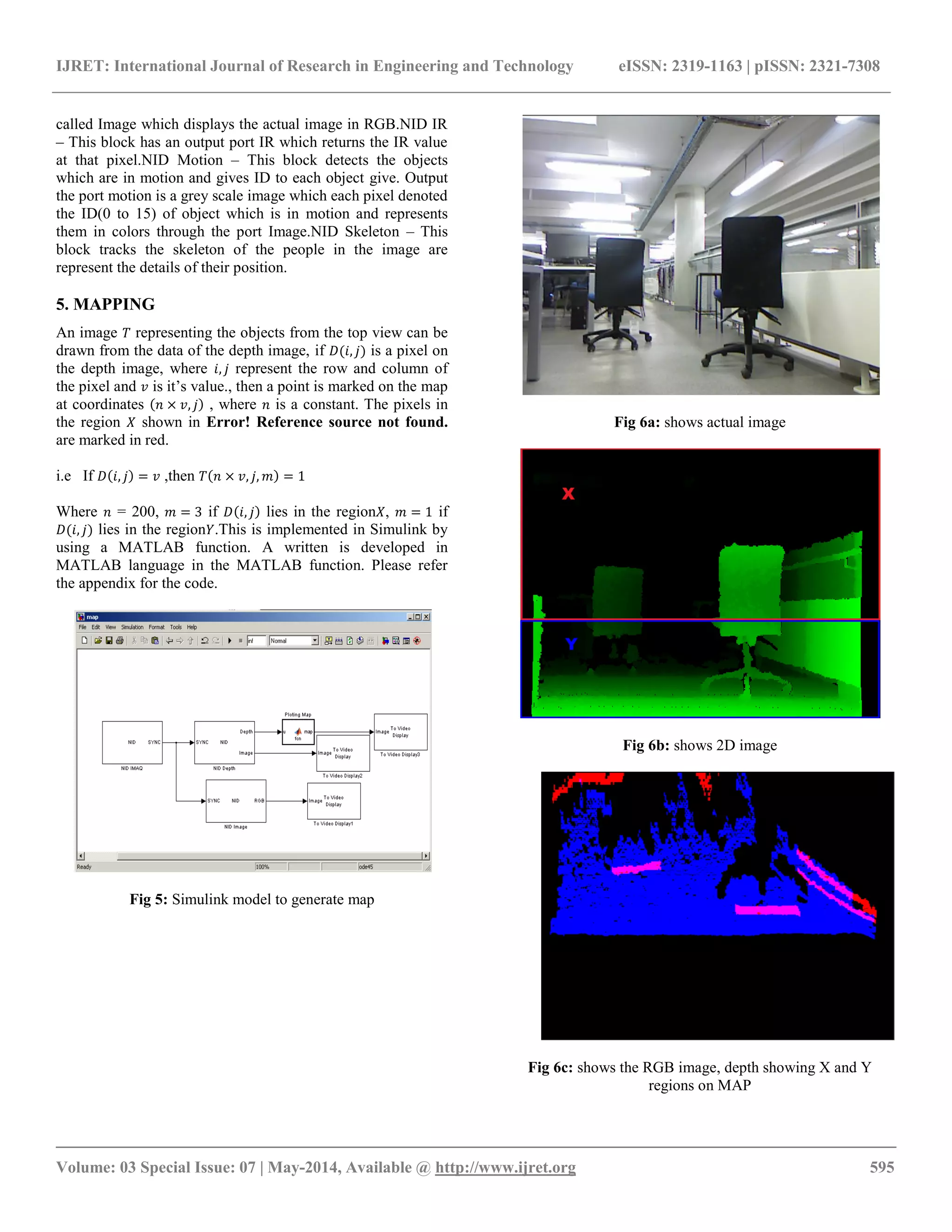 IJRET: International Journal of Research in Engineering and Technology eISSN: 2319-1163 | pISSN: 2321-7308 __________________________________________________________________________________________ Volume: 03 Special Issue: 07 | May-2014, Available @ http://www.ijret.org 595 called Image which displays the actual image in RGB.NID IR – This block has an output port IR which returns the IR value at that pixel.NID Motion – This block detects the objects which are in motion and gives ID to each object give. Output the port motion is a grey scale image which each pixel denoted the ID(0 to 15) of object which is in motion and represents them in colors through the port Image.NID Skeleton – This block tracks the skeleton of the people in the image are represent the details of their position. 5. MAPPING An image 푇 representing the objects from the top view can be drawn from the data of the depth image, if 퐷(푖,푗) is a pixel on the depth image, where 푖,푗 represent the row and column of the pixel and 푣 is it’s value., then a point is marked on the map at coordinates 푛×푣,푗 , where 푛 is a constant. The pixels in the region 푋 shown in Error! Reference source not found. are marked in red. i.e If 퐷 푖,푗 =푣 ,then 푇 푛×푣,푗,푚 =1 Where 푛 = 200, 푚=3 if 퐷 푖,푗 lies in the region푋, 푚=1 if 퐷(푖,푗) lies in the region푌.This is implemented in Simulink by using a MATLAB function. A written is developed in MATLAB language in the MATLAB function. Please refer the appendix for the code. Fig 5: Simulink model to generate map Fig 6a: shows actual image Fig 6b: shows 2D image Fig 6c: shows the RGB image, depth showing X and Y regions on MAP 